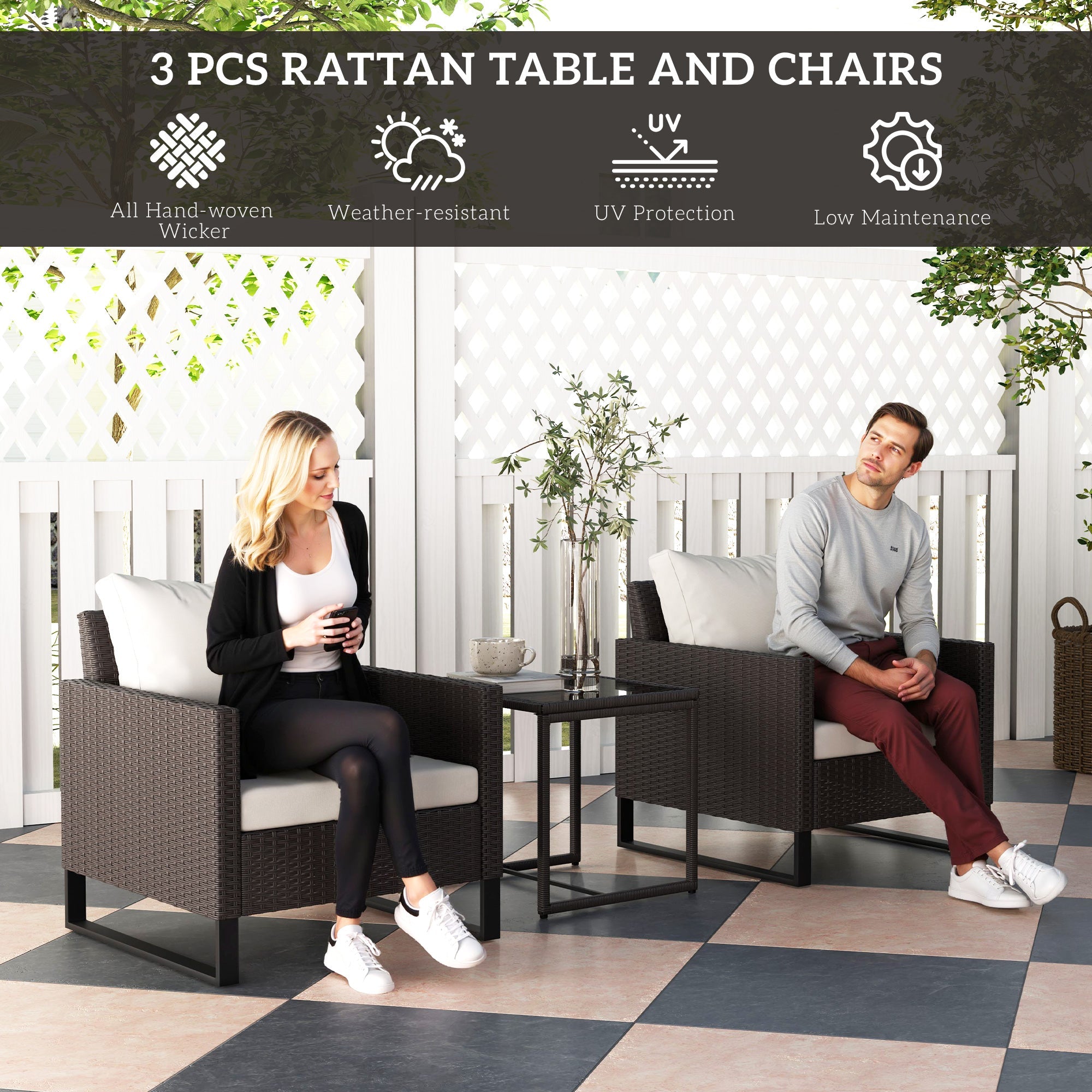Outsunny 3 Pieces Rattan Bistro Set with 4 Cushions, Wicker Garden Furniture Set, Glass Top Coffee Table and Chairs for Outdoor Patio, Balcony, Terrace and Conservatory, Brown 