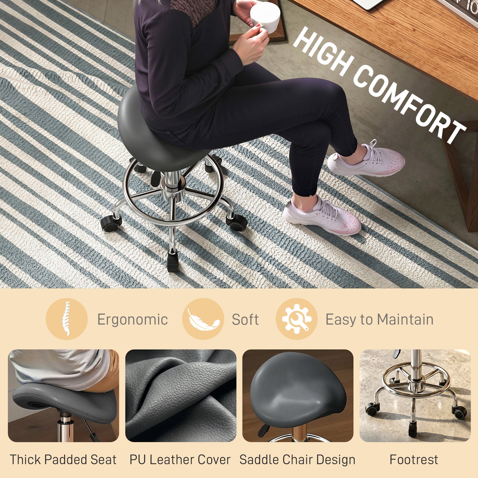 HOMCOM Salon Saddle Stool, Rolling Saddle Chair for Massage, Spa, Clinic, Beauty, Hairdressing and Tattoo, Grey 