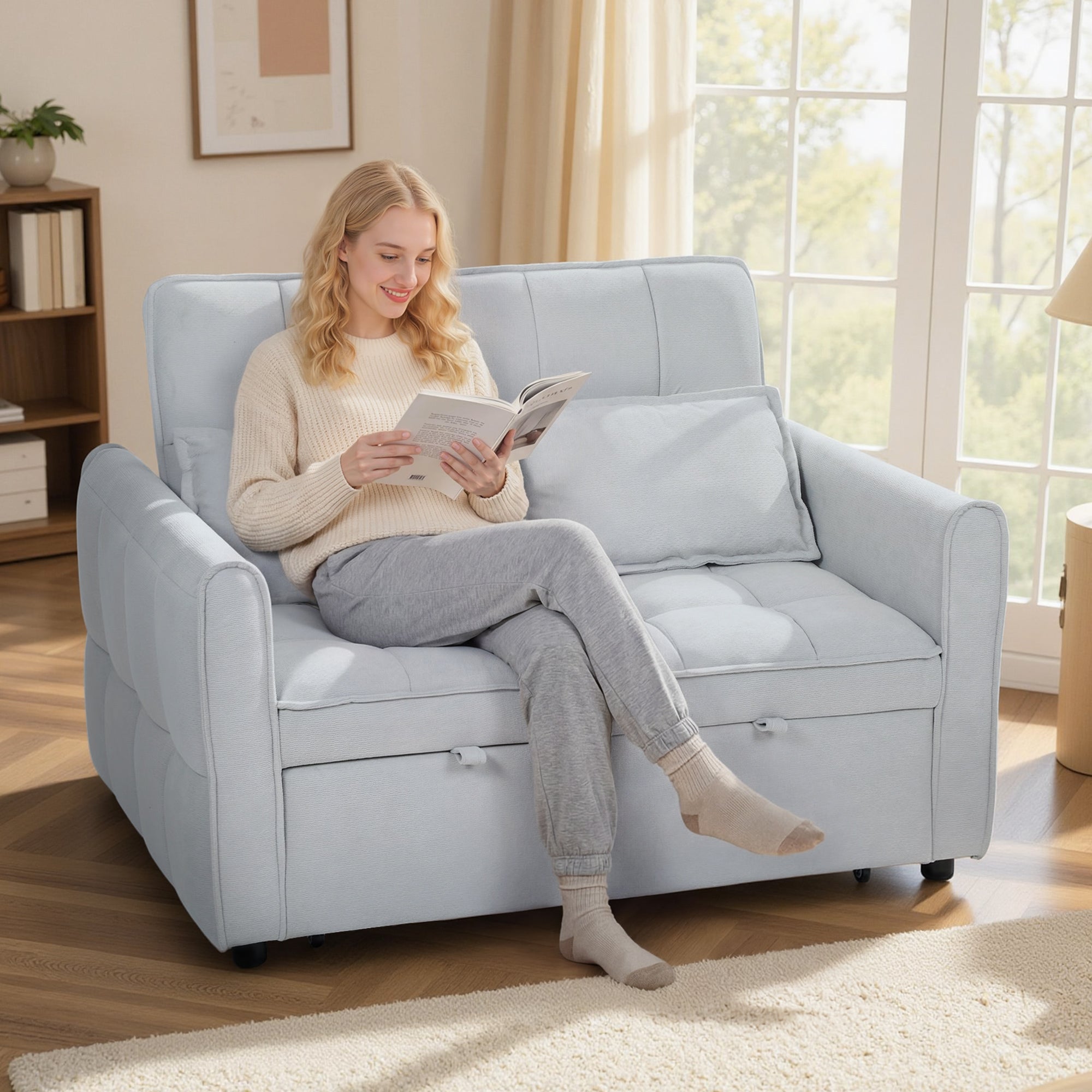HOMCOM 2 Seater Sofa Bed, 3-in-1 Convertible Sleeper Sofa with Click-clack Adjustable Backrest and 2 Pillows, Light Grey 