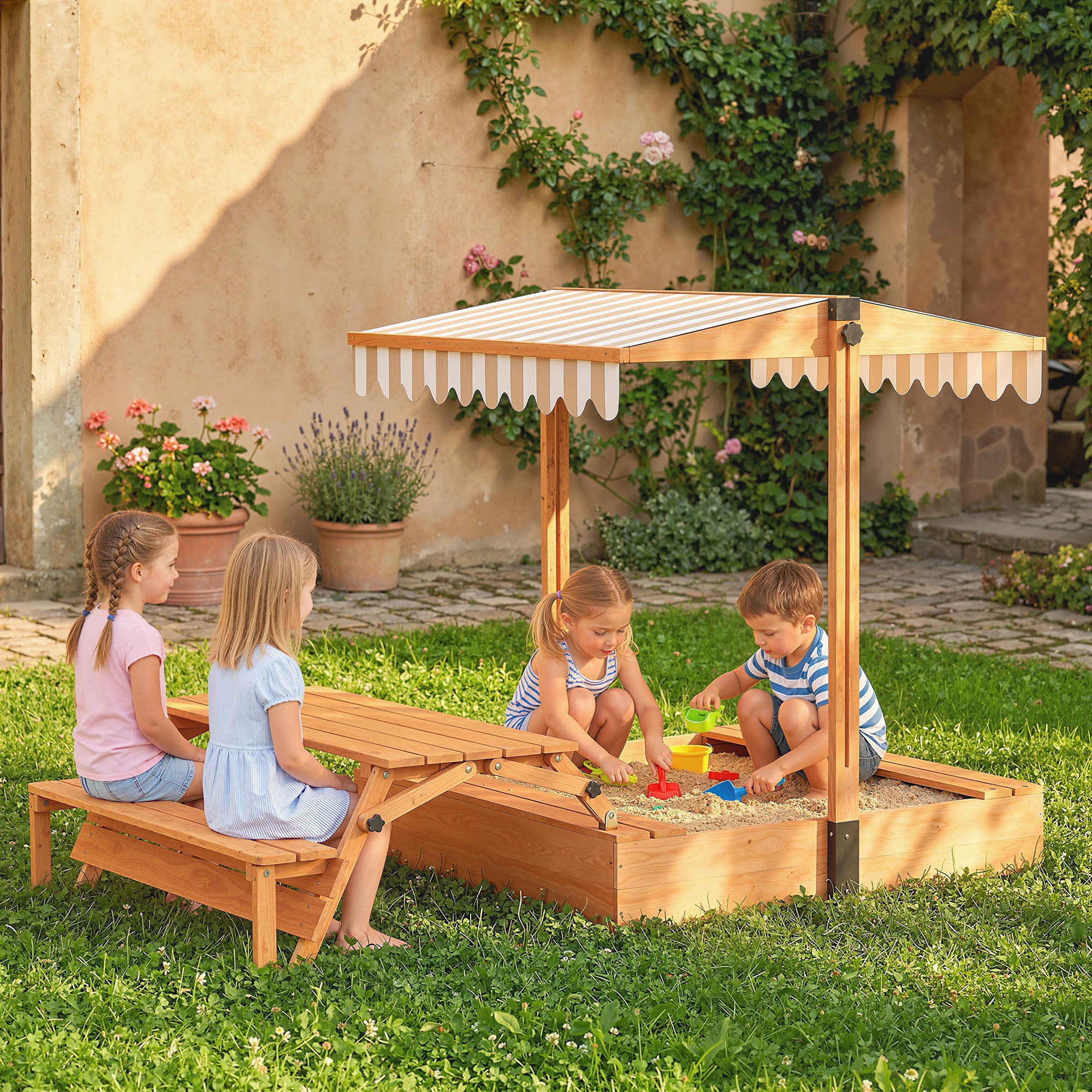 AIYAPLAY Kids Sand Pit with Lid, Wooden Sandpit with Canopy, Foldable Picnic Table, Bench Seats, Bottom Liner for Patio Garden 