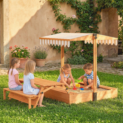 AIYAPLAY Kids Sand Pit with Lid, Wooden Sandpit with Canopy, Foldable Picnic Table, Bench Seats, Bottom Liner for Patio Garden 