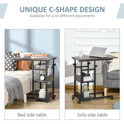 HOMCOM C-Shaped Side Table Industrial Mobile Rolling End Desk with 3-Tier Storage Shelving, Adjustable Height, Wheels 