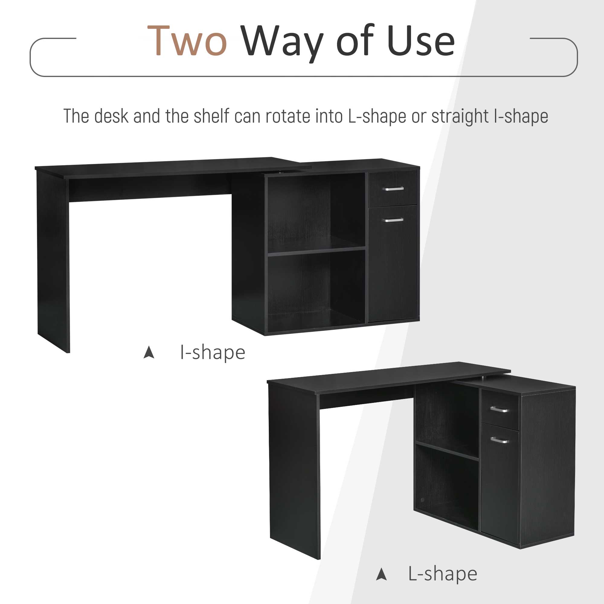 HOMCOM L-Shaped Desk, Corner Computer Desk, Adjustable Study Table with Storage Shelf, Drawer and Cabinet, Workstation for Home Office, Black Wood Grain 