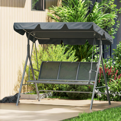 Outsunny 3 Seater Swing Chair, Garden Swing Bench with Adjustable Tilting Canopy, Breathable Mesh Seat and Heavy Duty Metal Frame for Patio, Garden, Dark Grey 