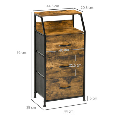 HOMCOM Industrial Storage Cabinet, Fabric Chest of Drawers with Display Shelves, 3 Drawers Storage Unit for Living Room, Rustic Brown 