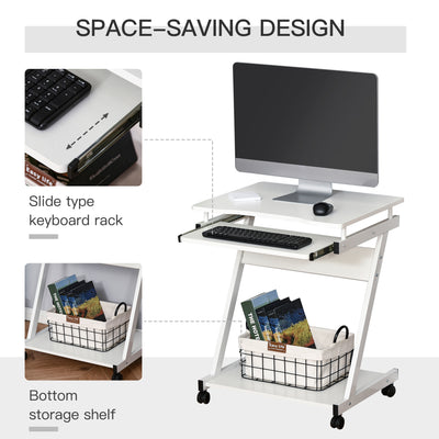 HOMCOM Movable Computer Desk with 4 Moving Wheels Sliding Keyboard Tray Home Office Workstation White 