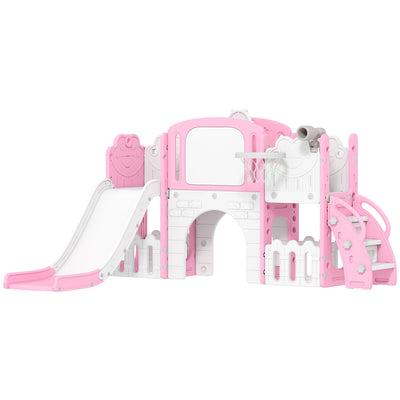 AIYAPLAY 7 in 1 Toddler Slide Set with Basketball Hoop, Climbing Frame, Telescope, Drawing Board, Storage Box, Pink 