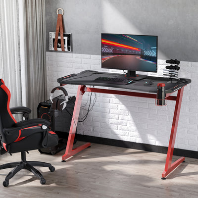 HOMCOM 122 x 66 cm Gaming Desk, Carbon Fibre Covered Computer Desk, Gamer Workstation with Headphone Hook, Cup Holder and Gamepad Storage Rack, Black and Red 