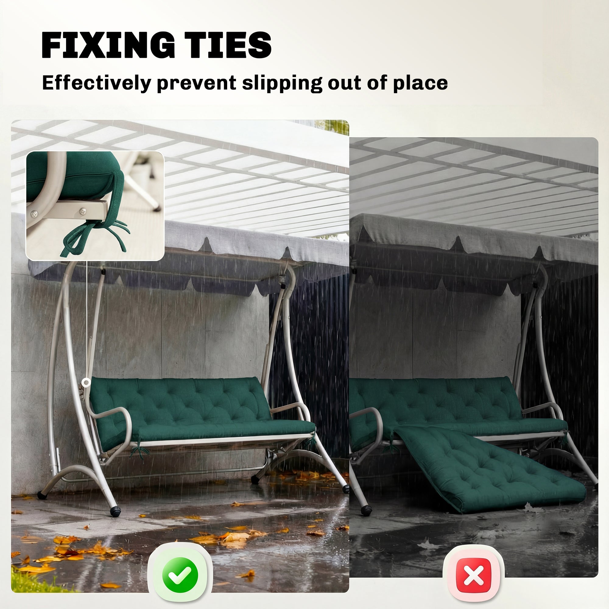 Outsunny 3 Seater Bench Cushion, Garden Chair Cushion with Back and Ties for Indoor and Outdoor Use, 98 x 150 cm, Green 