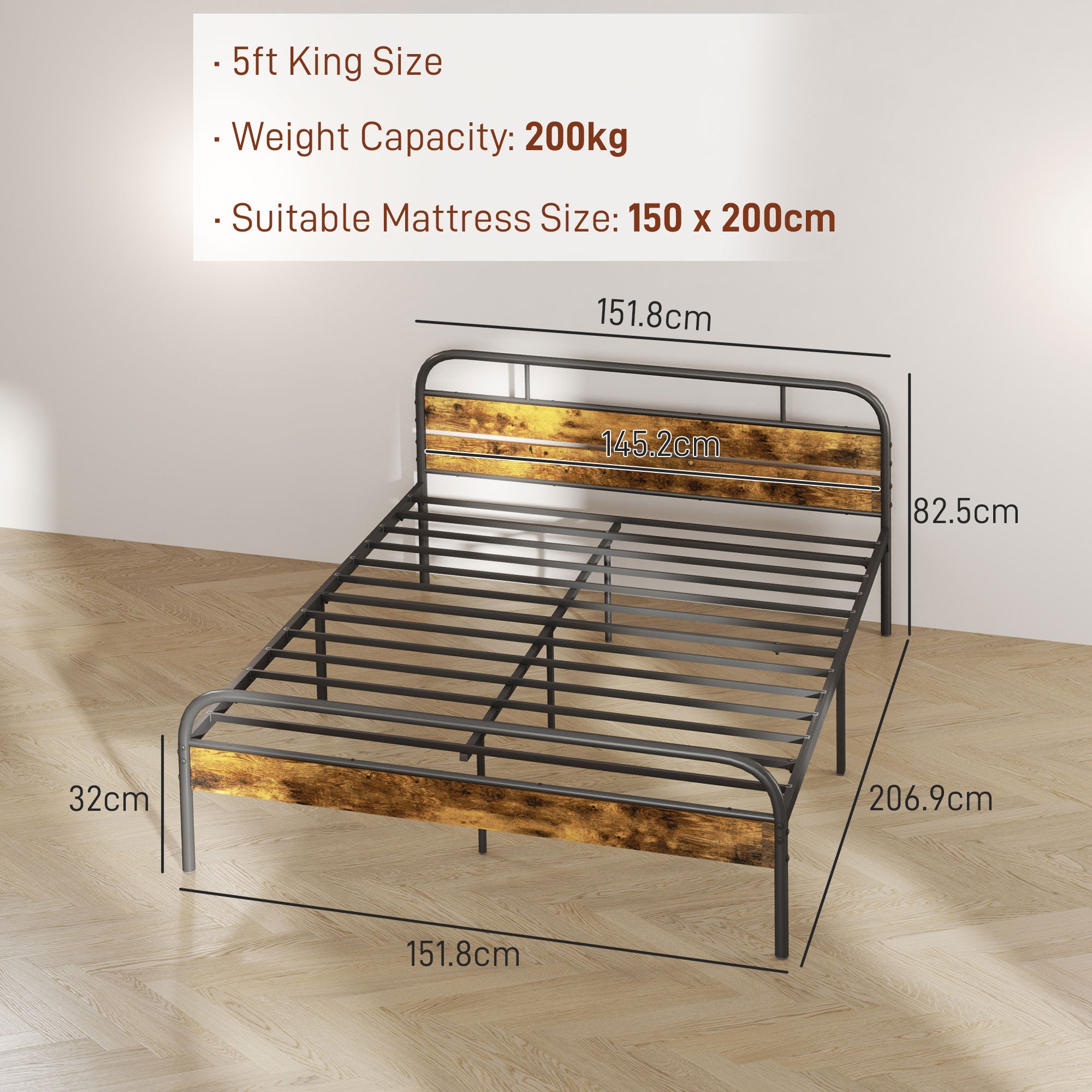 HOMCOM Industrial-Style King Bed Frame - Black/Brown 