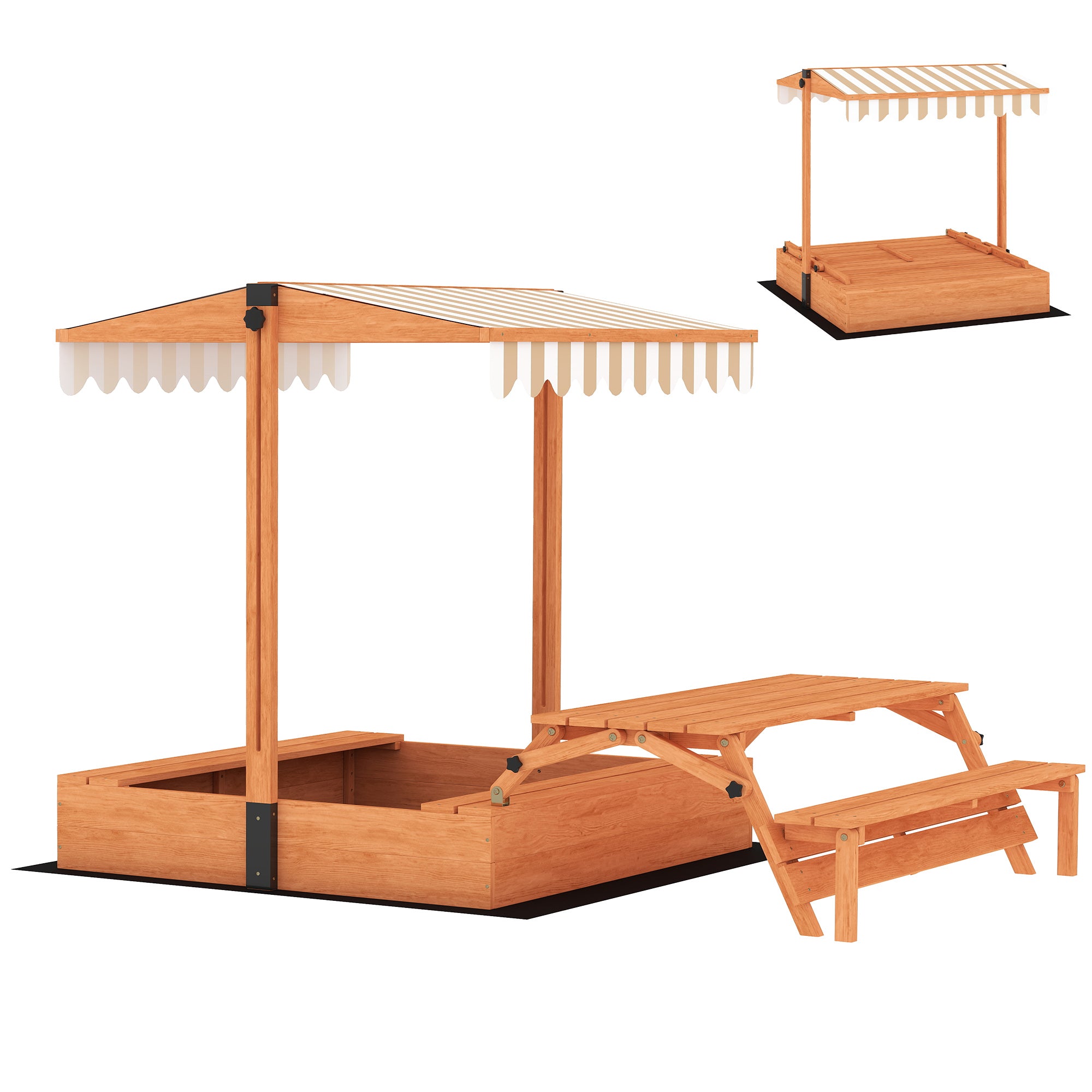 AIYAPLAY Kids Sand Pit with Lid, Wooden Sandpit with Canopy, Foldable Picnic Table, Bench Seats, Bottom Liner for Patio Garden 