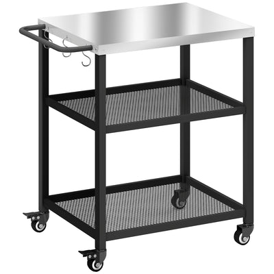 Outsunny Outdoor Grill Cart with Stainless Steel Tabletop, 3-Tier Pizza Oven Stand with Adjustable Shelf, Hooks, Wheels, Black 