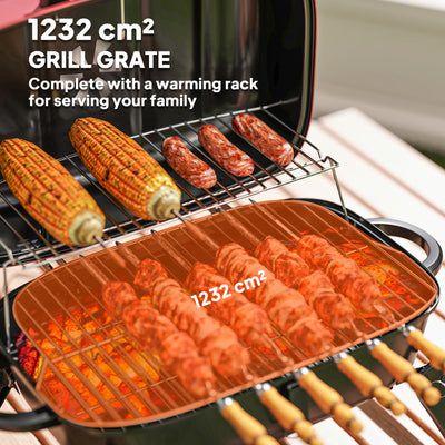 Outsunny Charcoal Barbecue Grill Folding BBQ Grill with 1232 cm² Cooking Area, Adjustable Vent, Thermometer, Handles for Camping Picnic, Red 