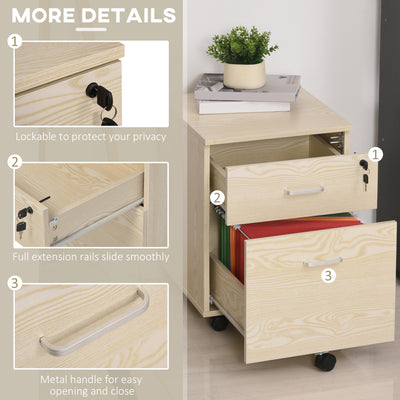 Vinsetto 2-Drawer Locking Office Filing Cabinet w/ 5 Wheels Rolling Storage Hanging Legal Letter Files Cupboard Home Organisation Oak Wood Grain 