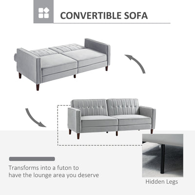 HOMCOM Modern Convertible Sofa Futon Velvet-Touch Tufted Couch Compact Loveseat with Adjustable Split Back, Light Grey 