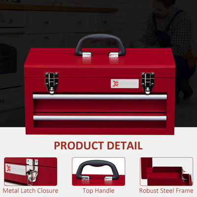DURHAND Lockable Metal Tool Box, 2 Drawer Tool Chest with Latches, Handle, Ball Bearing Runners, Red 
