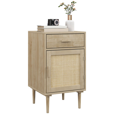 HOMCOM Bedside Table, Rattan Side Tables with Drawer, Cabinet and Adjustable Shelf, Boho Bedside Cabinet with Storage for Bedroom, Living Room, Natural Wood Effect 