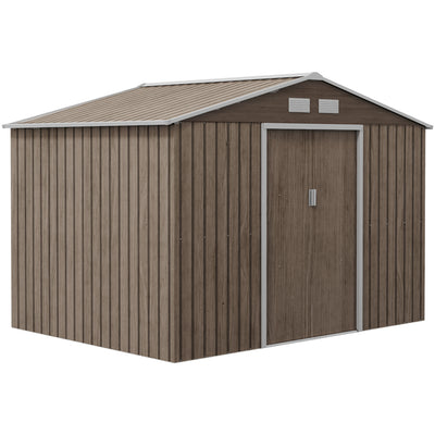 Outsunny 9 x 6ft Garden Metal Storage Shed, Outdoor Storage Tool House with Vents, Foundation and Lockable Double Doors, Brown 