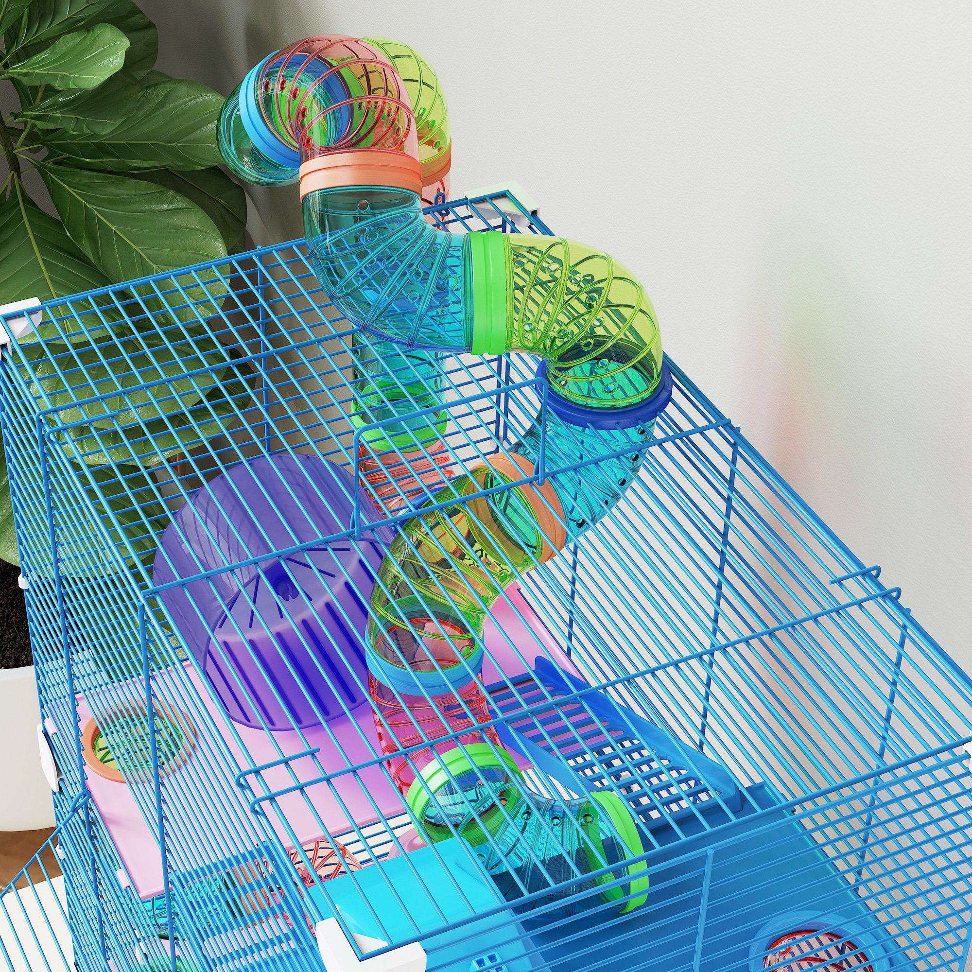 PawHut 5 Tier Hamster Cage Carrier Habitat w/ Exercise Wheels, Tunnel, Blue 