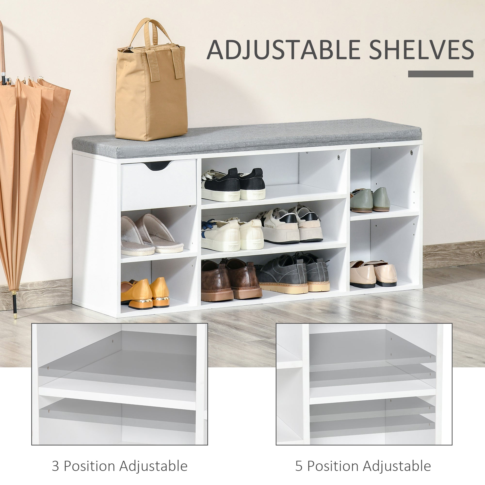 HOMCOM Shoe Bench with Seat Cushion Shoe Storage Cabinet with 7 Compartments Drawer Adjustable Shelves for Entryway Hallway Living Room White and Grey 