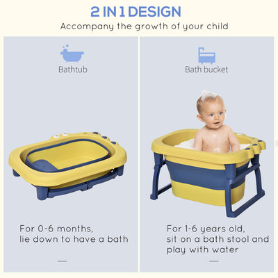 HOMCOM Baby Bathtub for 0-6 Years Collapsible Non-Slip Portable with Stool Seat for Newborns Infants Toddlers Kids - Yellow 