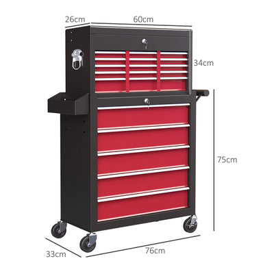 HOMCOM 19 Drawer, Two-Part Tool Storage Chest on Wheels - Red 