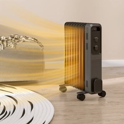 HOMCOM 2000W Oil Filled Radiator, 9 Fin, Portable Electric Heater with 3 Heat Settings, Safety Cut-Off and Wheels, Grey 