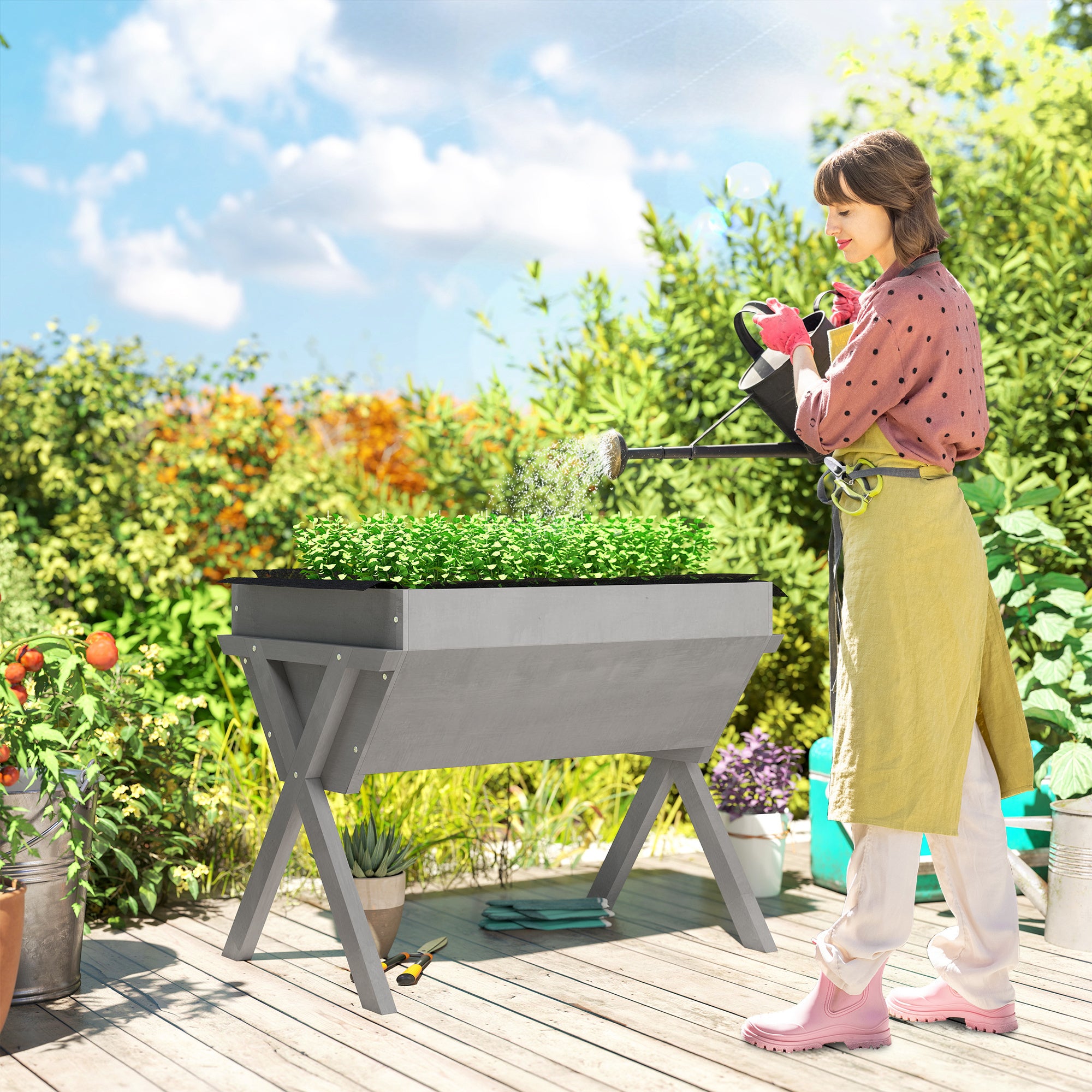 Outsunny Wooden Raised Garden Bed with Bed Liner, Elevated Planter Box with Legs, Light Grey 