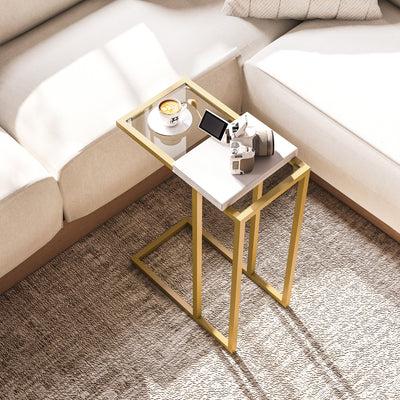 HOMCOM C-Shaped Side Table, Modern Slim End Table with Tempered Glass Tabletop, Steel Frame for Small Space, Living Room, Bedroom, Gold Tone 