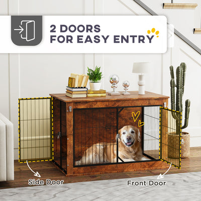 PawHut Dog Crate Furniture with Flip-up Top, 2 Doors, for Large Dogs, 98 x 60 x 65.5cm, Rustic Brown 