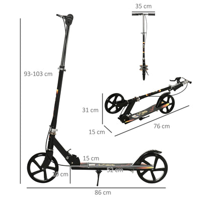 HOMCOM Kids Foldable Kick Scooter w/ Adjustable Height, Break, Big Wheels, for Ages 7-14 Years - Black 