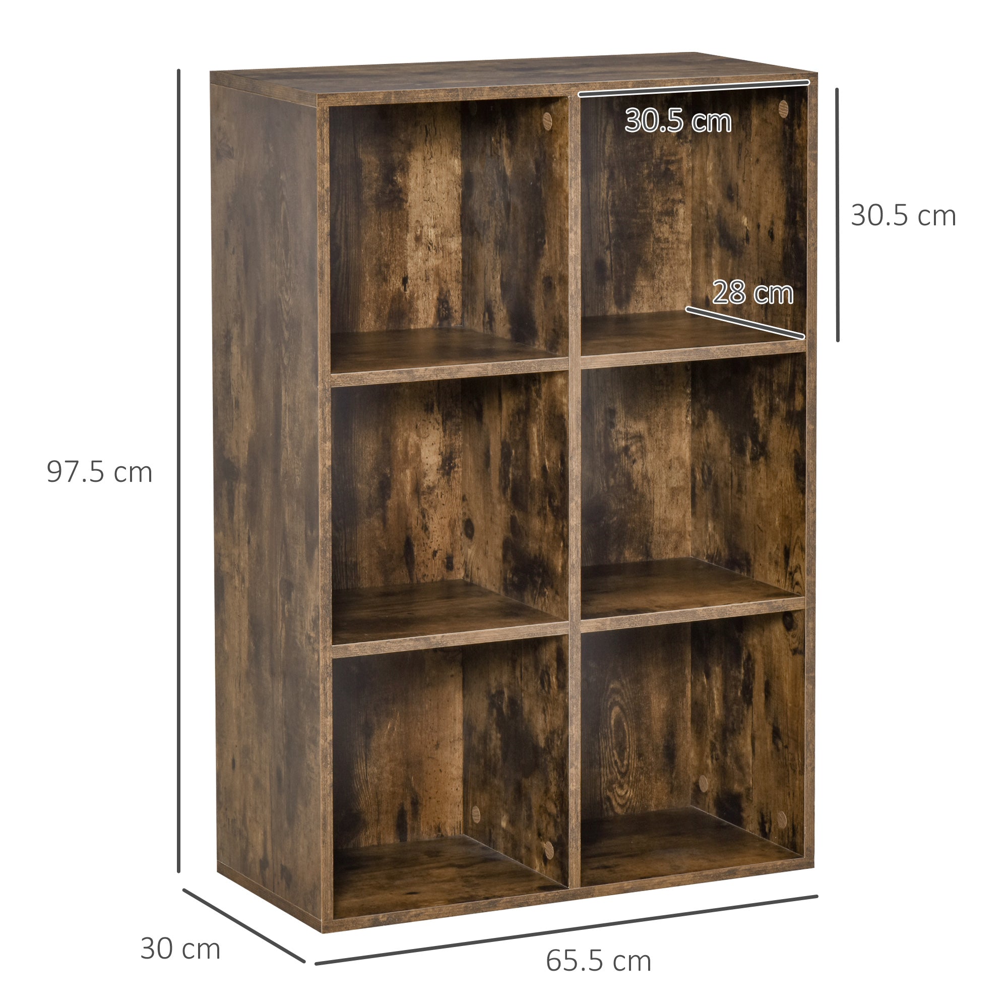 HOMCOM Six-Cube Bookcase - Rustic Brown Wood Effect 