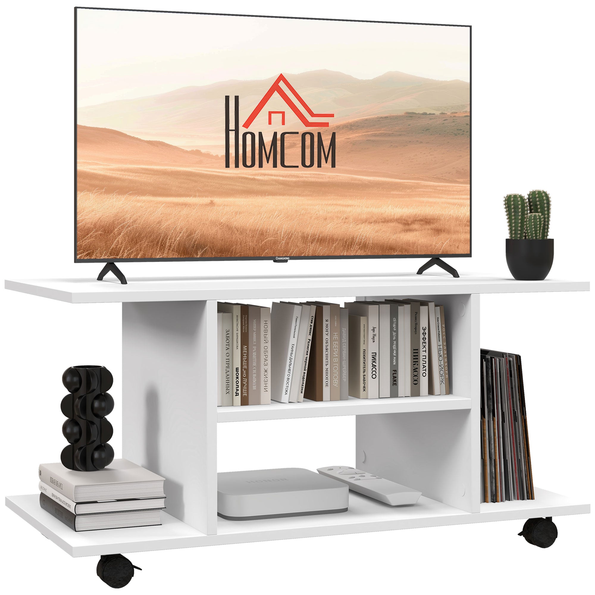 HOMCOM Modern TV Cabinet Stand Storage Shelves Table Mobile Bedroom Furniture Bookshelf Bookcase White 