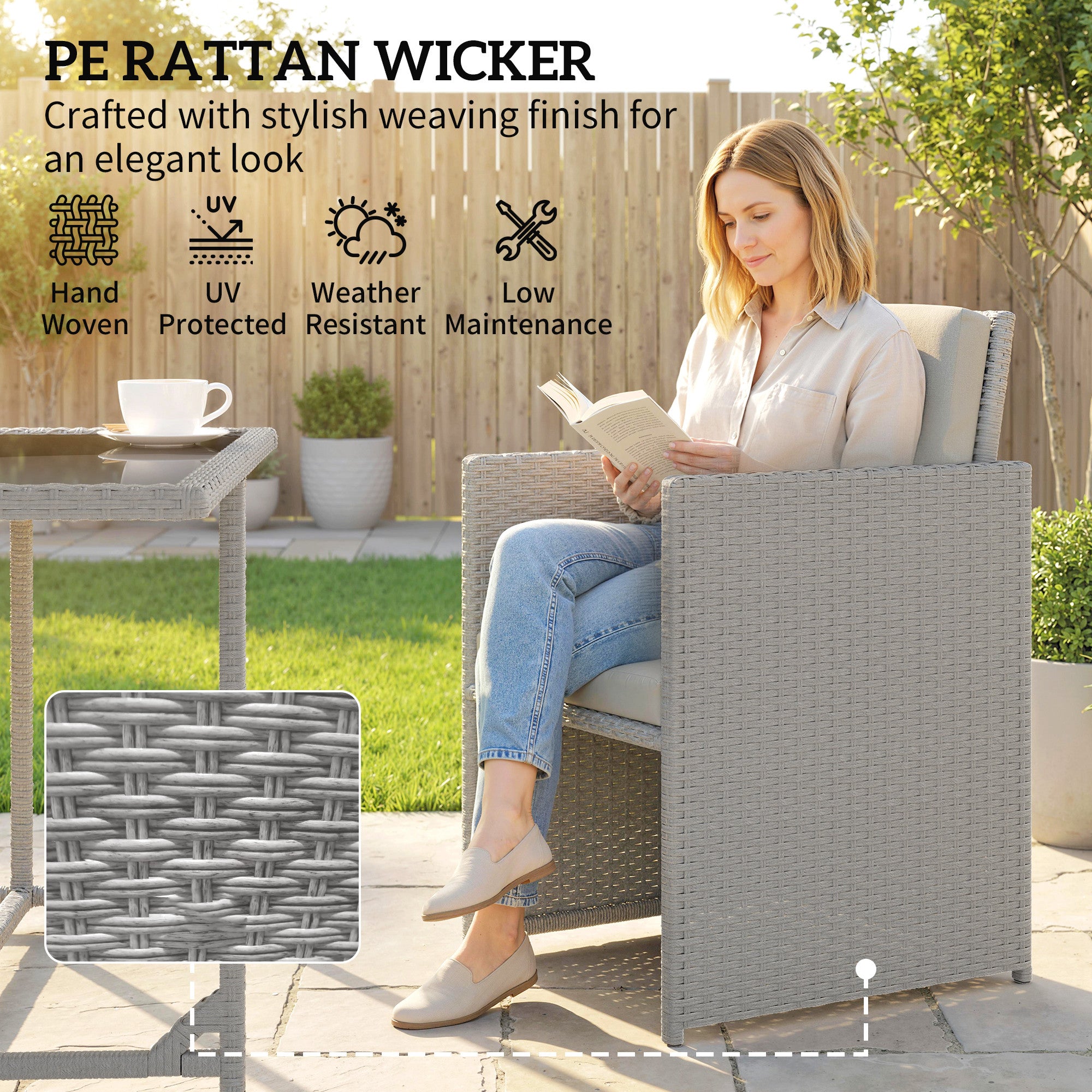 Outsunny 9 Piece Rattan Cube Garden Furniture Dining Set with Armchairs, Footstools and Glass-Top Table, Light Grey 