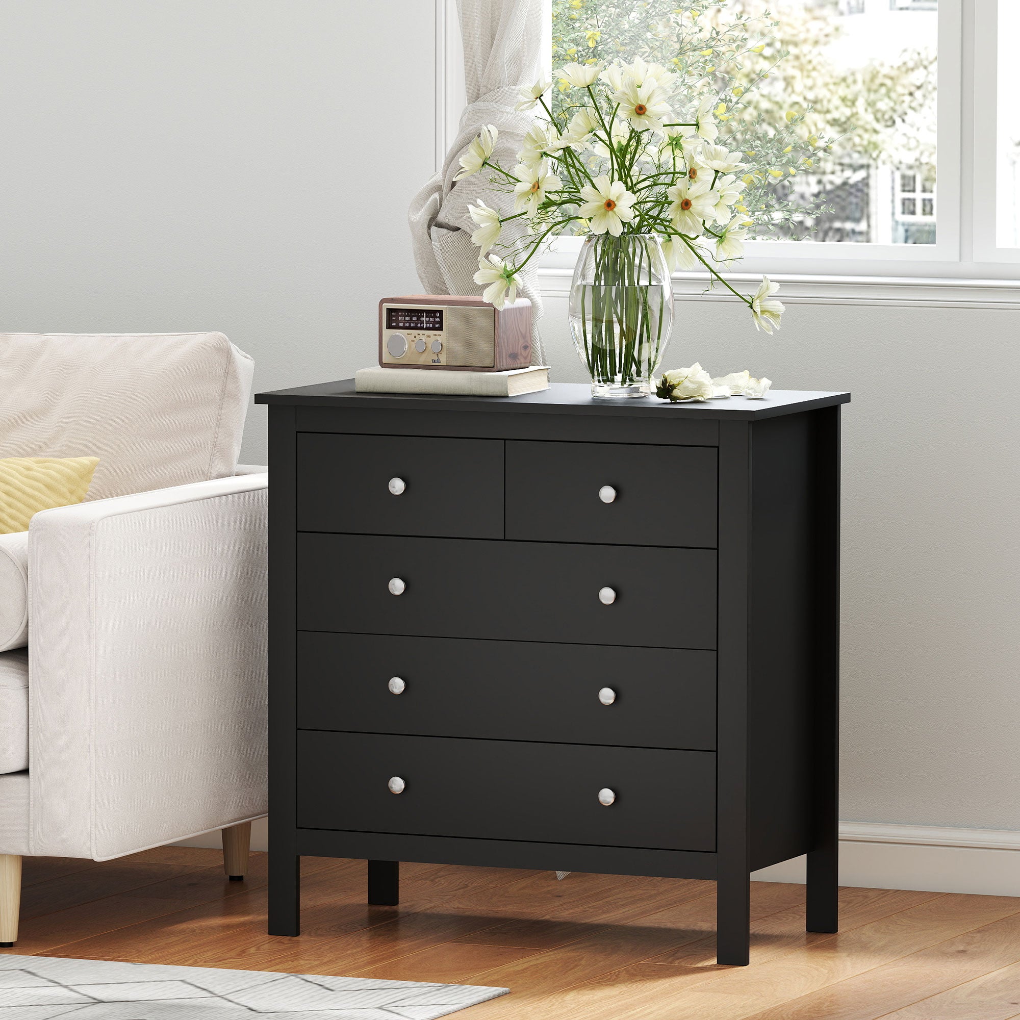 HOMCOM 5 Drawer Dresser for Bedroom, Modern Chest of Drawers, Wide Storage Unit for Living Room, Hallway, Black 