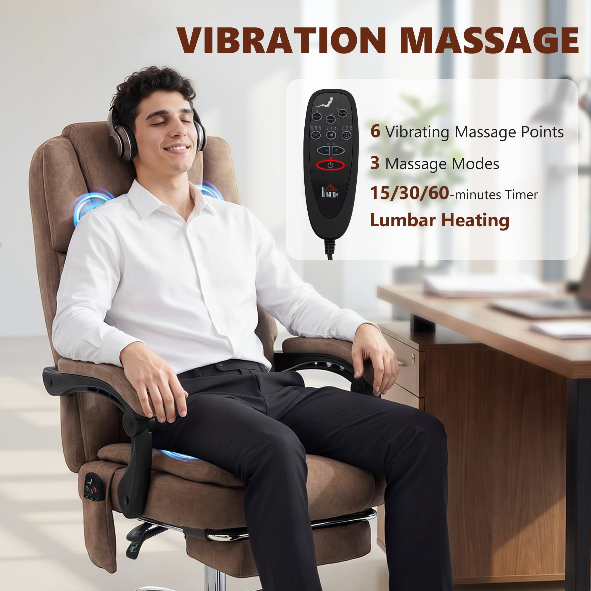 HOMCOM Office Chair with 6-Point Vibration Massage and Heat, Executive Computer Desk Chair with High Back, Reclining, Brown 