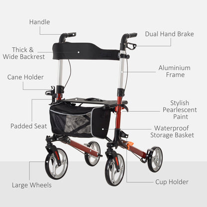 HOMCOM 88.5-106cm Aluminium Frame Rollator Walker, with Brakes - Red 