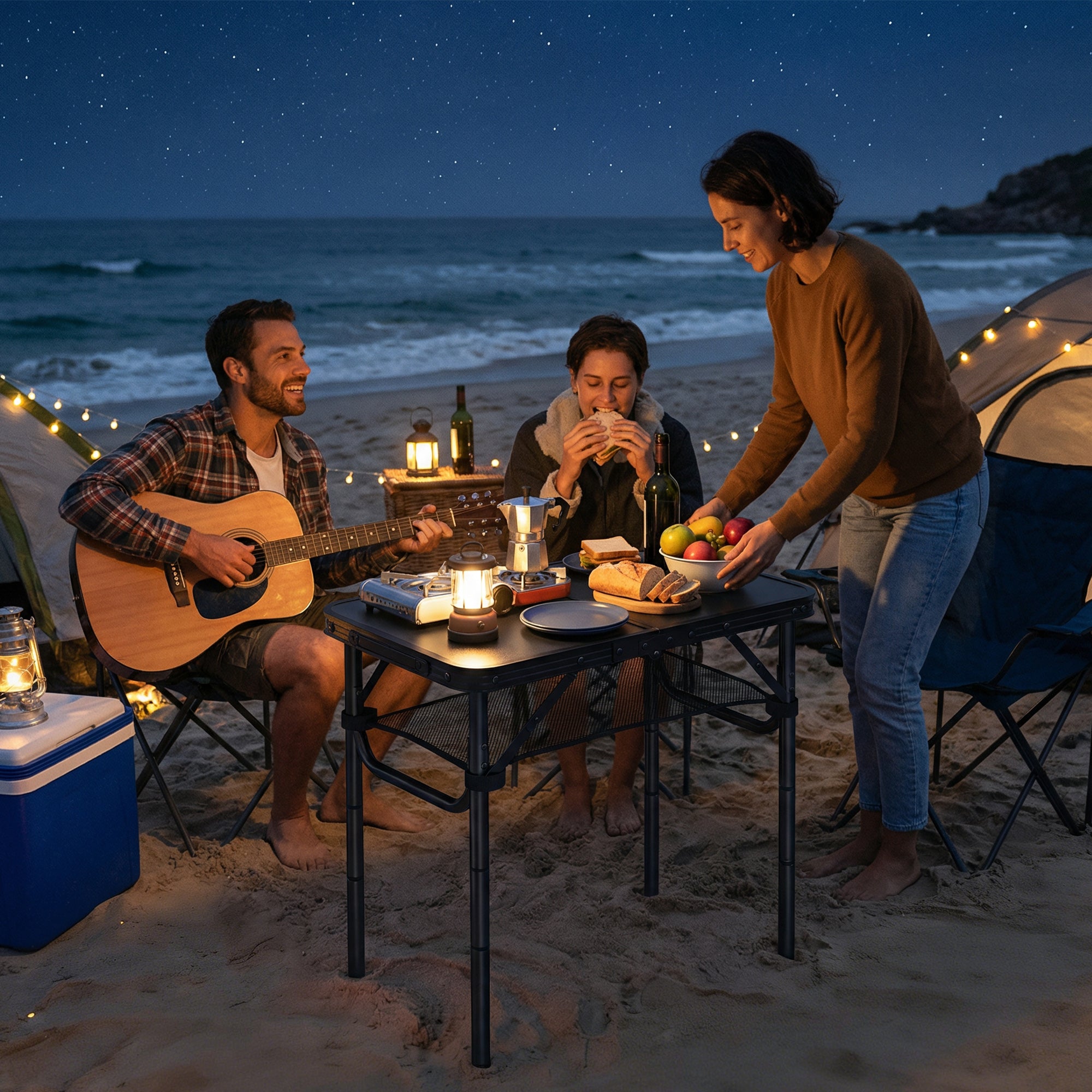 Outsunny 2ft Folding Camping Table, Picnic Table with Mesh Storage Layer, 4 Adjustable Heights and Carrying Handle, Black 