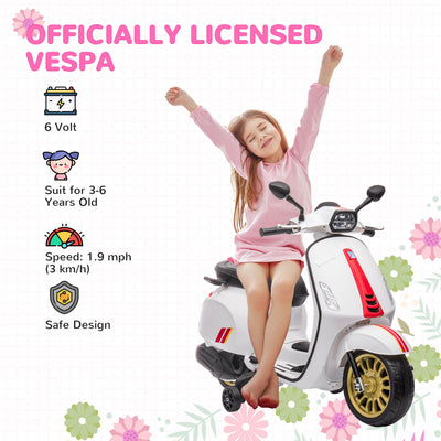 AIYAPLAY 12V Vespa Licensed Kids Electric Motorbike w/ Music, Headlights, FM Radio, for 3-6 Years - White 