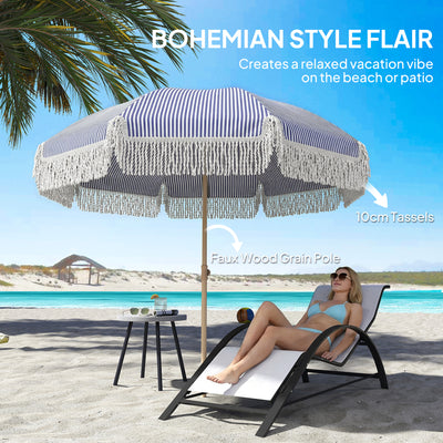Outsunny 1.7 m Beach Umbrella with Sand Anchor, 30° Tilting Fringed Beach Garden Parasol with Adjustable Height, Blue 