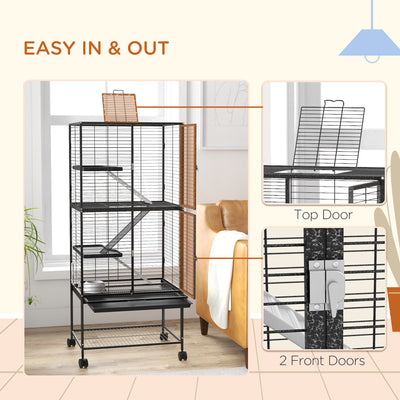 PawHut Rolling Chinchilla Cage, Small Animal Cage for Ferrets w/ Three Doors, Storage, Shelf, Tray Tray, Bowl, Water Bottle 
