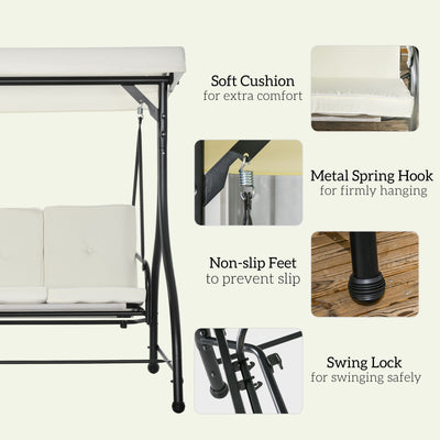 Outsunny 3 Seater Canopy Swing Chair, 2 in 1 Garden Swing Seat Bed, with Adjustable Canopy and Metal Frame, Cream White 