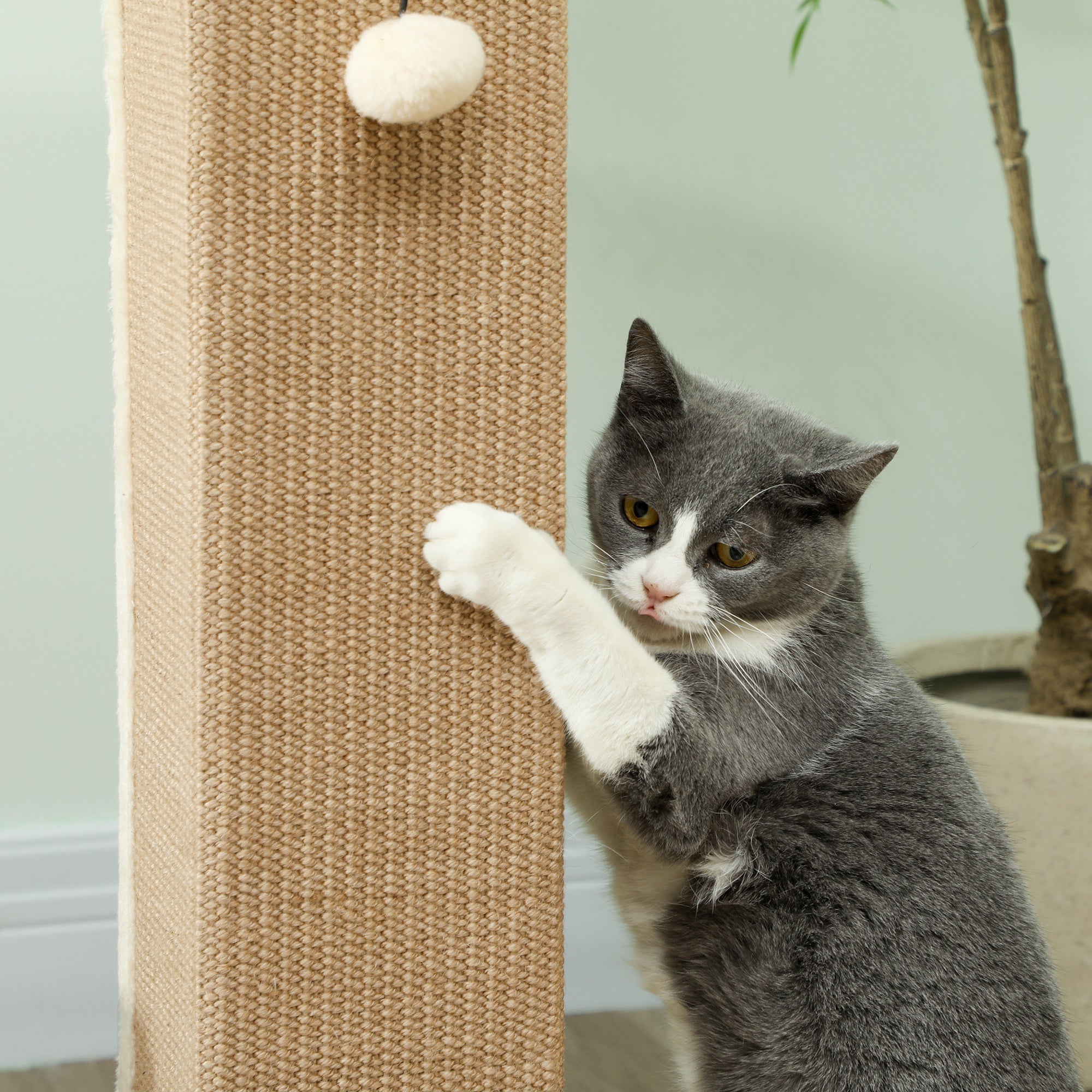 PawHut 81cm Cat Scratcher, Vertical Full Scratcher w/ Natural Jute Rope, Hanging Ball, Soft Plush - Beige 