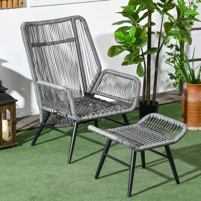 Outsunny String Rattan Armchair and Footstool Set, with Cushions - Grey 
