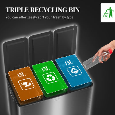 HOMCOM 3 x 15L Pedal Bin, Steel Triple Kitchen Bin with Soft Close Lid, Removable Inner Buckets, Fingerprint-Proof, Black 