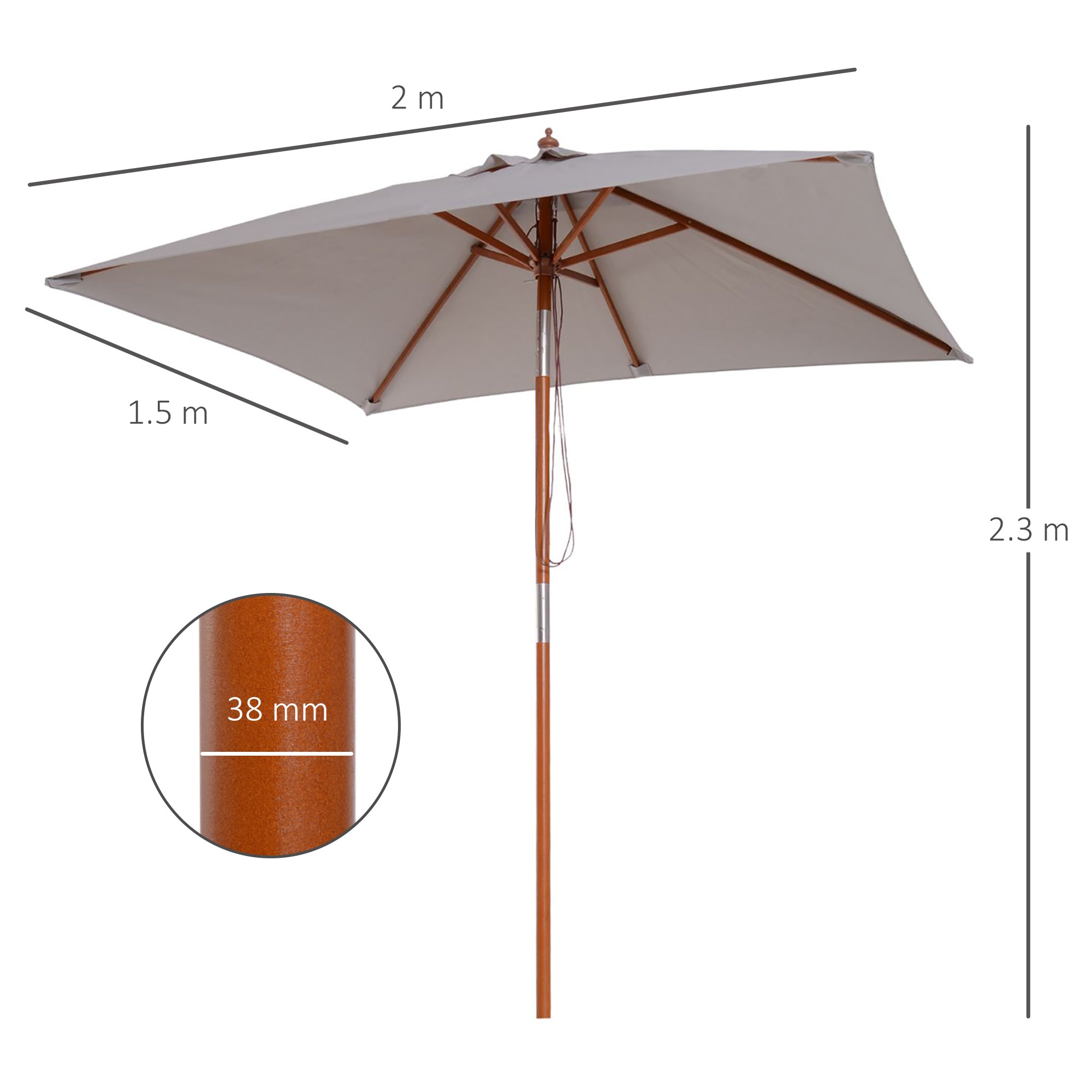 Outsunny 2m x 1.5m Garden Parasol Umbrella with Tilting Sunshade Canopy, Outdoor Market Table Umbrella with Wood and Bamboo Frame, Grey 