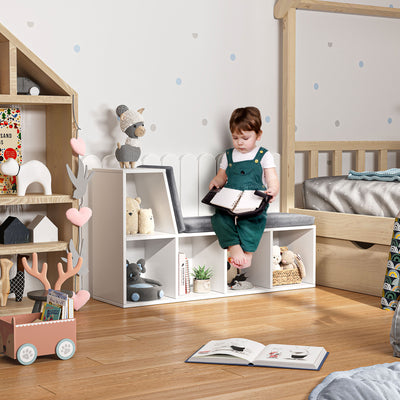 HOMCOM Bookcase Storage Shelf with Cushioned Reading Seat, Bookshelf Storage Cabinet for Study Living Room, White 