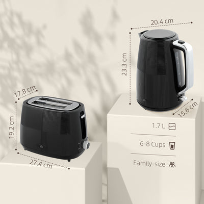 HOMCOM Kettle and Toaster Set, 1.7L 3000W Fast Boil Kettle & 2 Slice Toaster Kitchen Set with 7 Level Browning Controls, Defrost, Reheat, Boil-dry Protection, Black 