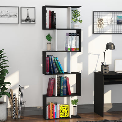 HOMCOM 5-tier Bookcase Storage Display Shelving S Shape design Unit Divider Black 