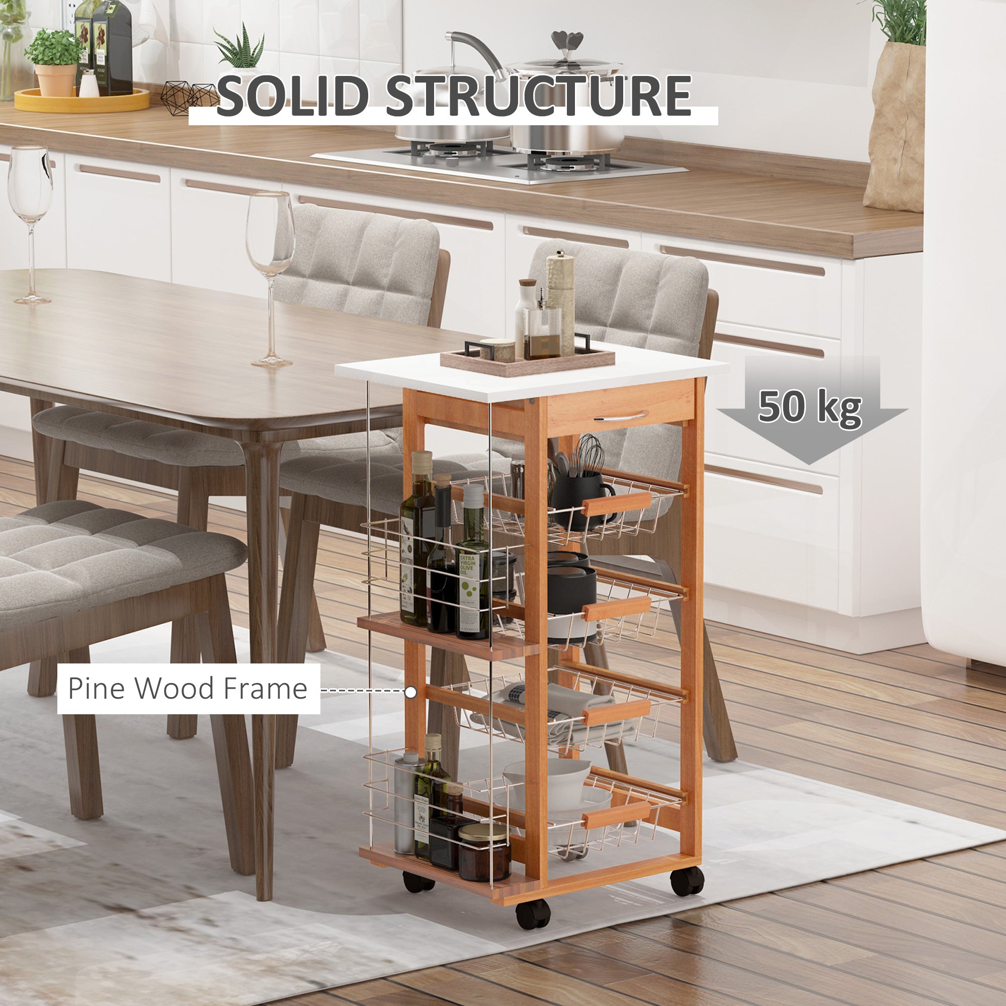 HOMCOM Rolling Kitchen Cart, Utility Storage Cart with 4 Basket Drawers & Side Racks, Wheels for Dining Room, Brown 
